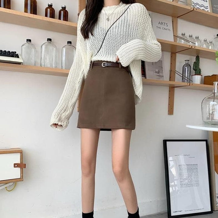 High-Waist Denim Skirt - Asian Fashion Lianox