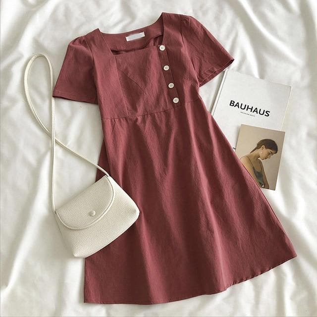 Shortsleeved Dress With Square Neck And Side Buttons - Asian Fashion Lianox