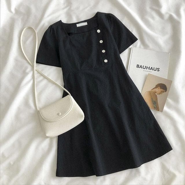 Shortsleeved Dress With Square Neck And Side Buttons - Asian Fashion Lianox