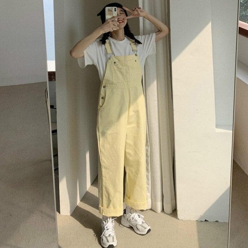 Denim Dungarees With Wide Legs And Pockets - Asian Fashion Lianox