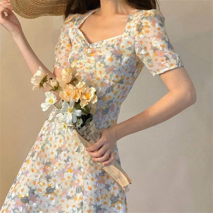 Elegant Floral Dress With Short Sleeves - Asian Fashion Lianox