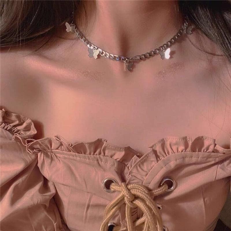 Silver Chain Choker With Butterfly Pendants - Asian Fashion Lianox