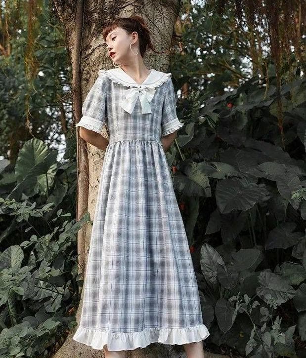 Plaid A-Line Dress With Ruffles and Ribbon (Short + Long Sleeves!) - Asian Fashion Lianox