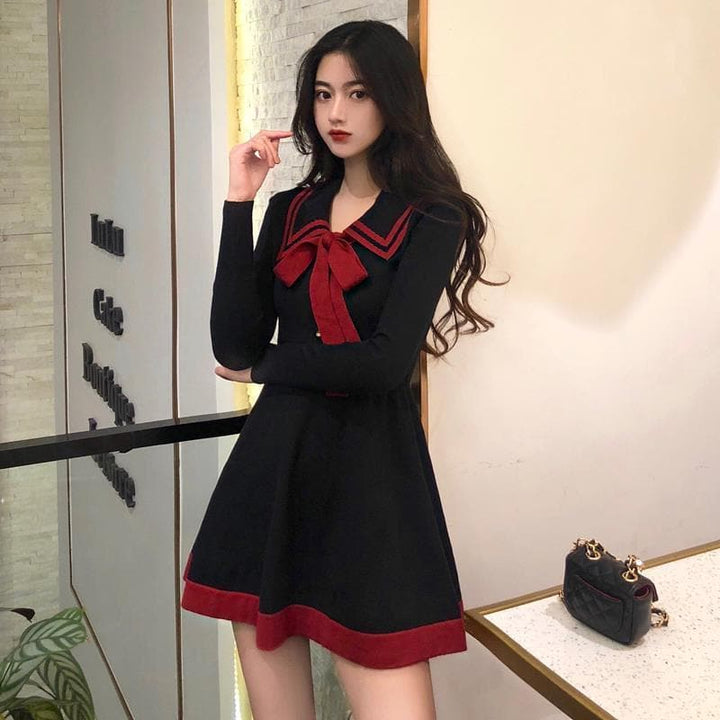 Longsleeved Mini Dress With Sailor Collar And Bow - Asian Fashion Lianox