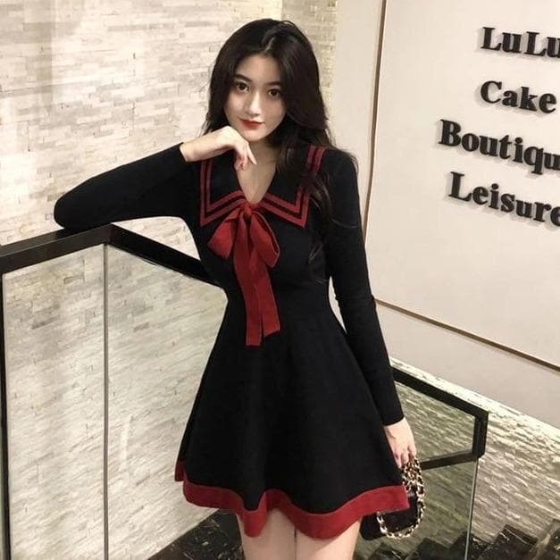 Longsleeved Mini Dress With Sailor Collar And Bow - Asian Fashion Lianox