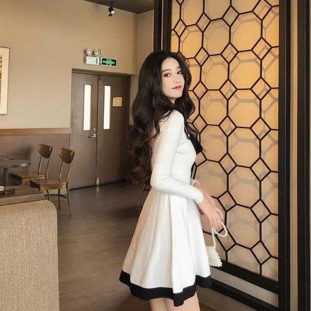 Longsleeved Mini Dress With Sailor Collar And Bow - Asian Fashion Lianox