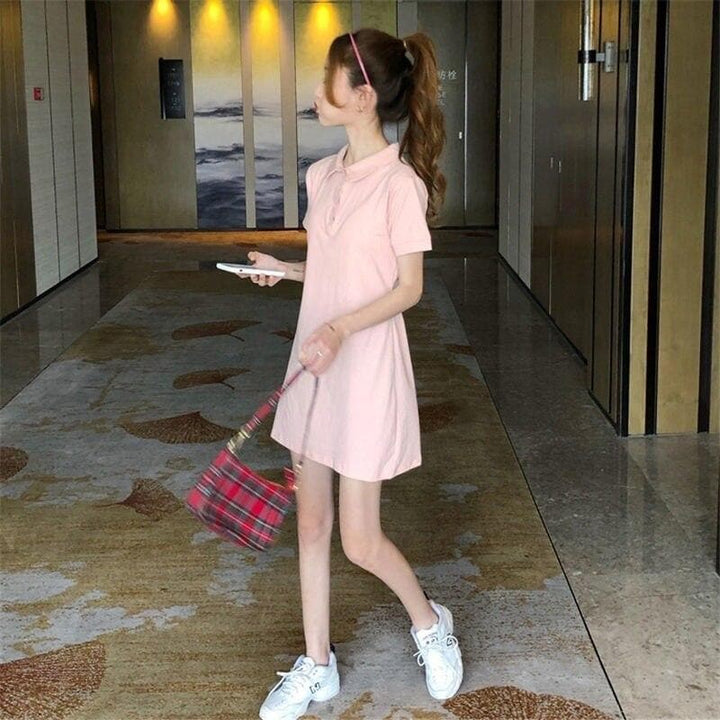 Simple Polo-Shirt Dress With Ribbon - Asian Fashion Lianox