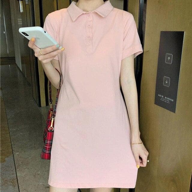 Simple Polo-Shirt Dress With Ribbon - Asian Fashion Lianox
