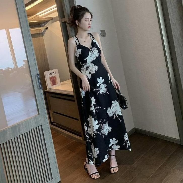 Maxi Dress With Flower Print And Criss-Cross-Back - Asian Fashion Lianox