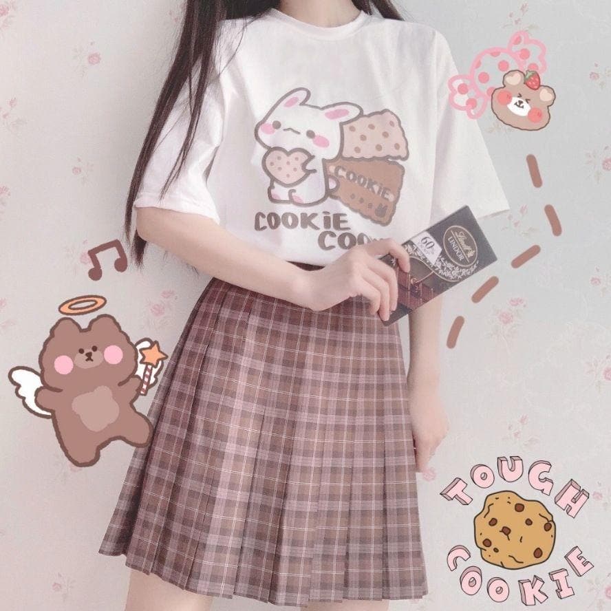 "COOKIE COOKIE" Tee With Bunny And Cookie Print - Asian Fashion Lianox