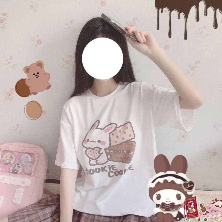 "COOKIE COOKIE" Tee With Bunny And Cookie Print - Asian Fashion Lianox
