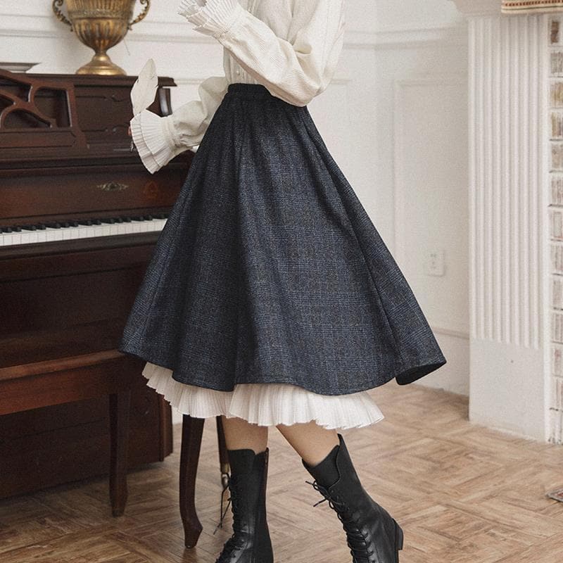 High Waist Midi Skirt With Plaid Pattern And Pleated Underskirt
