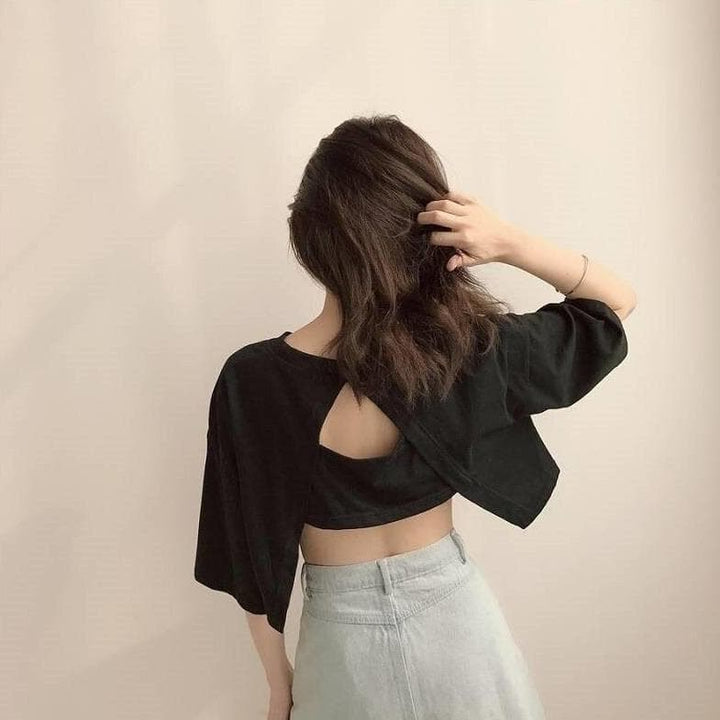 Cropped Tee With Back Cut-Out - Asian Fashion Lianox
