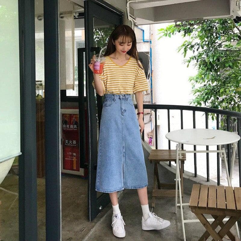 Denim Midi Skirt With Hem Split - Asian Fashion Lianox