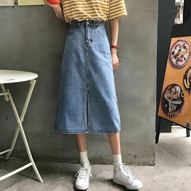 Denim Midi Skirt With Hem Split - Asian Fashion Lianox