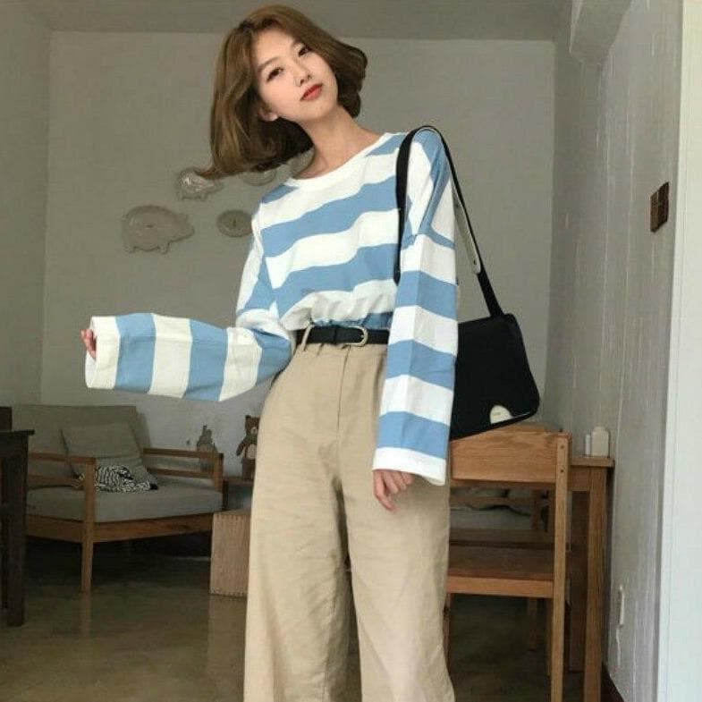 Longsleeve Shirt With Stripes - Asian Fashion Lianox