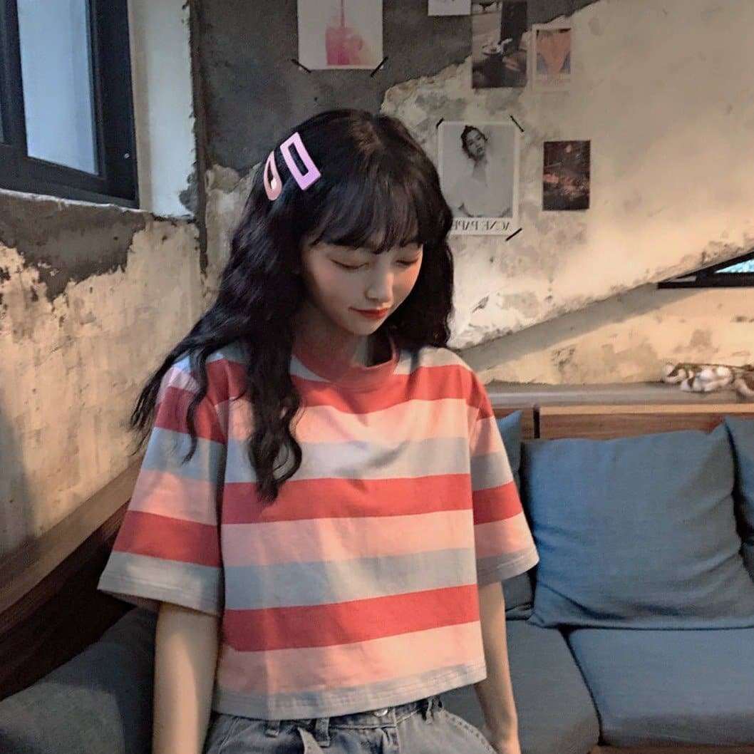 Cropped Tee With Stripes - Asian Fashion Lianox