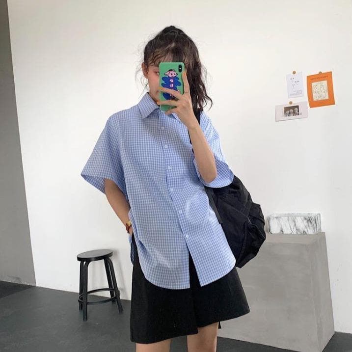 Shortsleeved Plaid Shirt With Turn-Down Collar - Asian Fashion Lianox