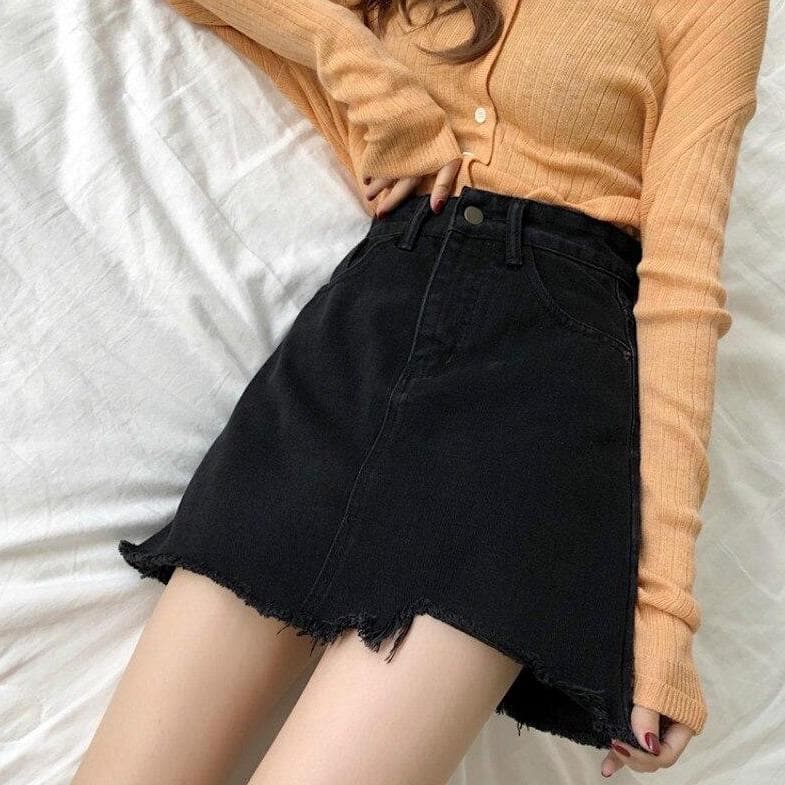 High-Waist Denim Skirt With Ripped Hem - Asian Fashion Lianox