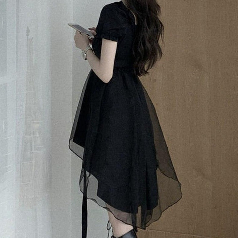 High-Low Dress With Puff Sleeves And Mesh Layer