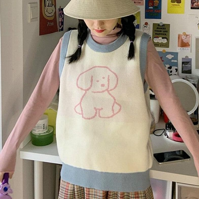 Sleeveless Vest With Dog Print - Asian Fashion Lianox