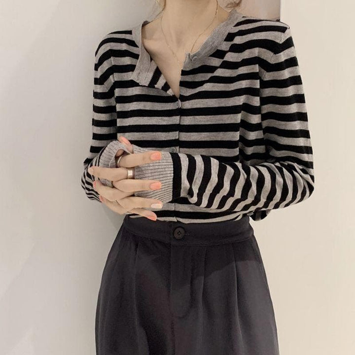 Button-Down Cardigan With Stripes - Asian Fashion Lianox