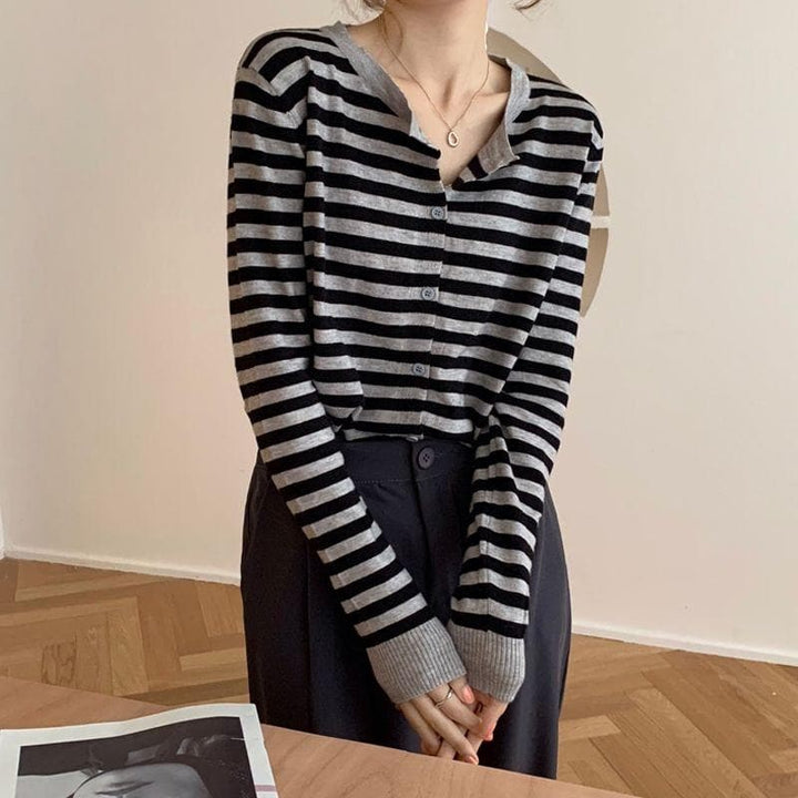 Button-Down Cardigan With Stripes - Asian Fashion Lianox
