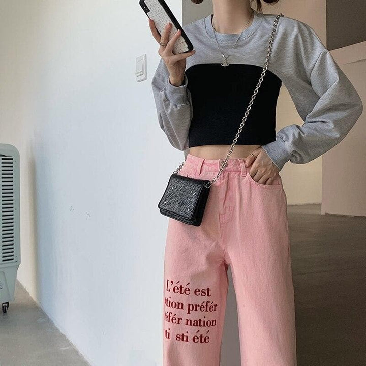 High-Waist Jeans With French Lettering - Asian Fashion Lianox