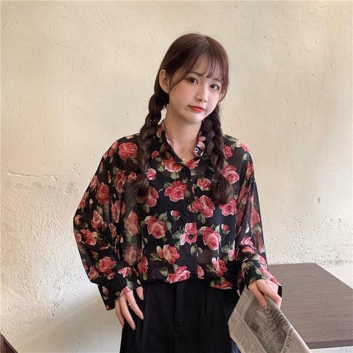 See-Through Button-Down Blouse With Floral Print (S to 4XL!) - Asian Fashion Lianox