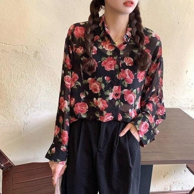 See-Through Button-Down Blouse With Floral Print (S to 4XL!) - Asian Fashion Lianox