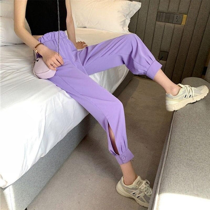 Ankle-Length Pants With Loose Fit And Side-Slit - Asian Fashion Lianox