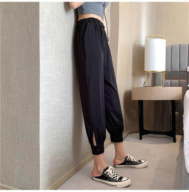 Ankle-Length Pants With Loose Fit And Side-Slit - Asian Fashion Lianox