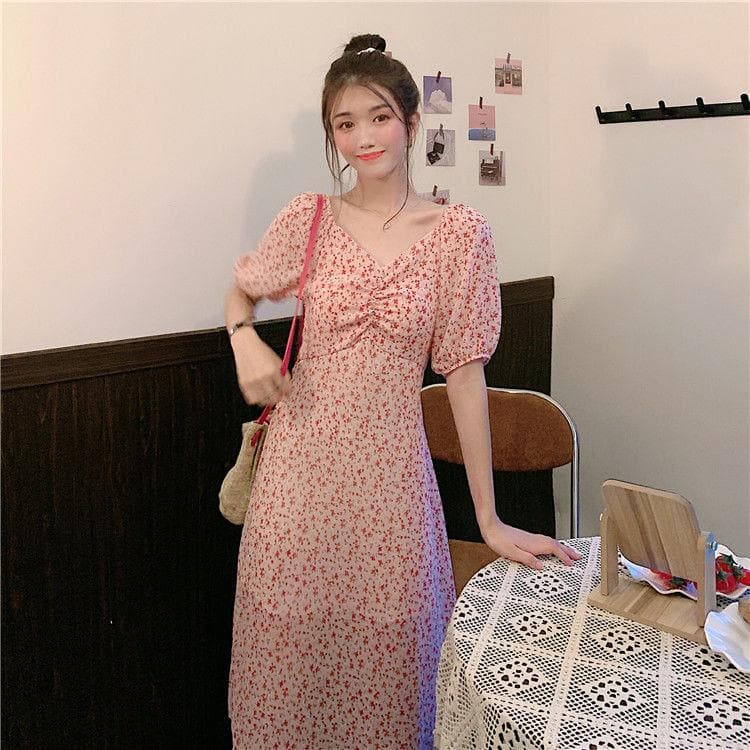 Floral Midi Dress With A-Line Cut - Asian Fashion Lianox