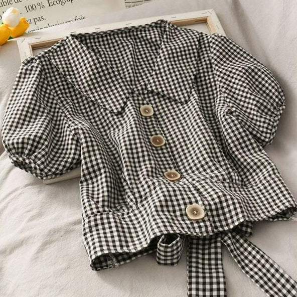 Collared Plaid Blouse With Back Bow And Puff Sleeves