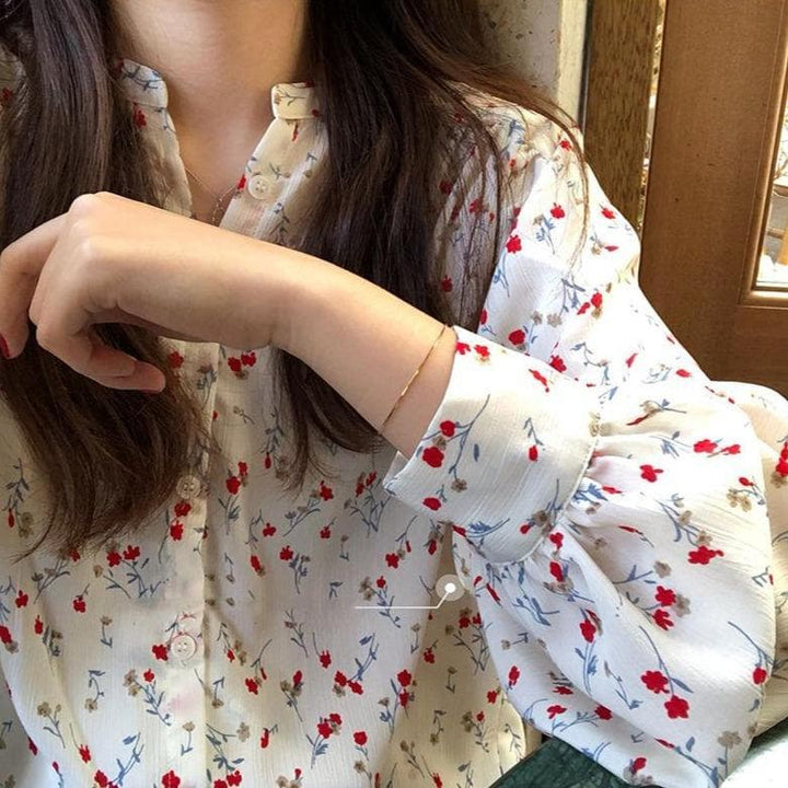 Button-Down Blouse With Floral Print - Asian Fashion Lianox