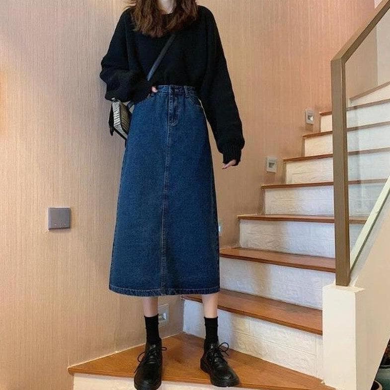 Midi Denim Skirt - Asian Fashion Lianox