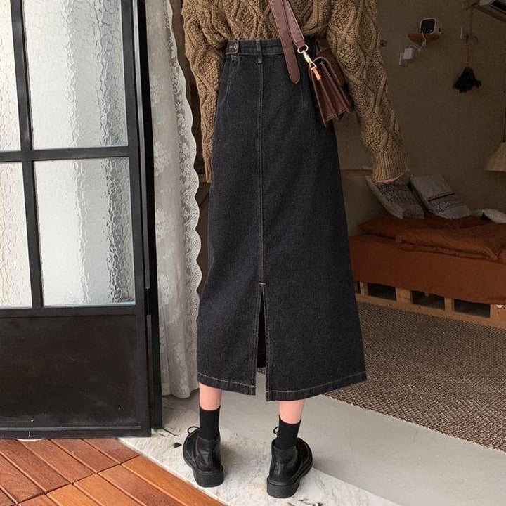 Midi Denim Skirt - Asian Fashion Lianox