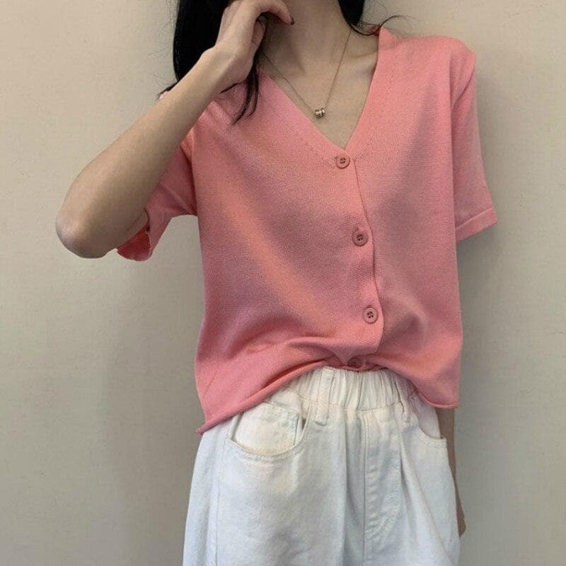 Button-Down Blouse With V-Neck - Asian Fashion Lianox