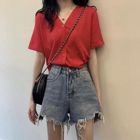 Button-Down Blouse With V-Neck - Asian Fashion Lianox