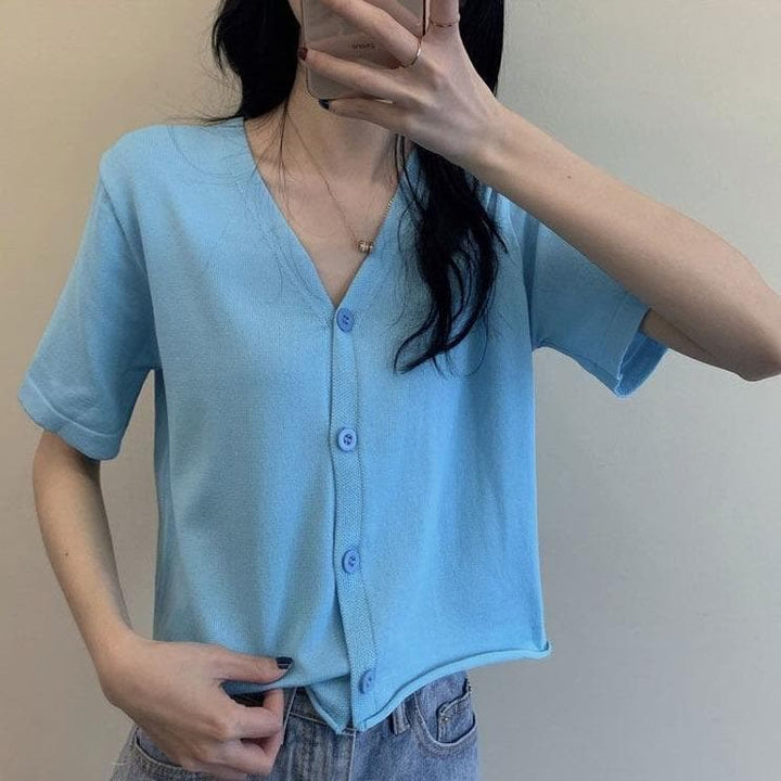 Button-Down Blouse With V-Neck - Asian Fashion Lianox