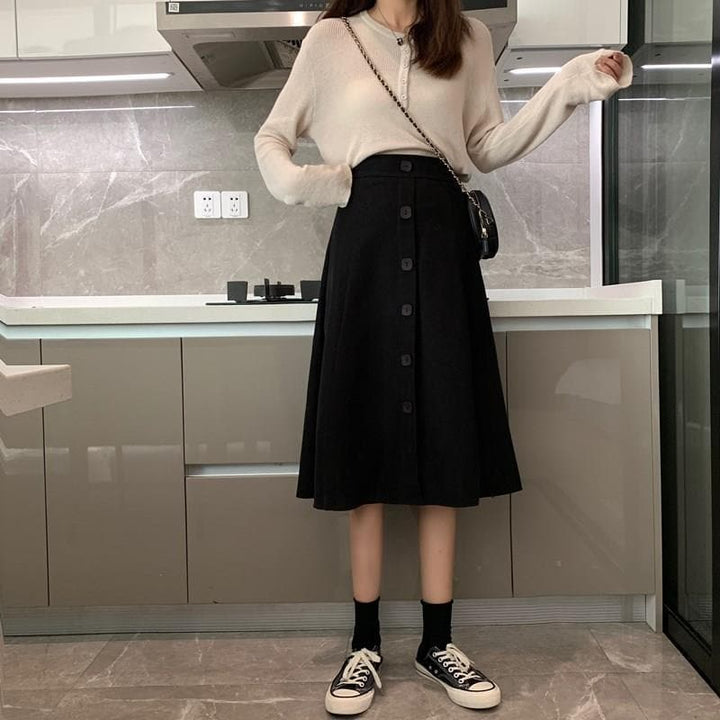Buttoned High-Waist Skirt (S to 4XL!) - Asian Fashion Lianox