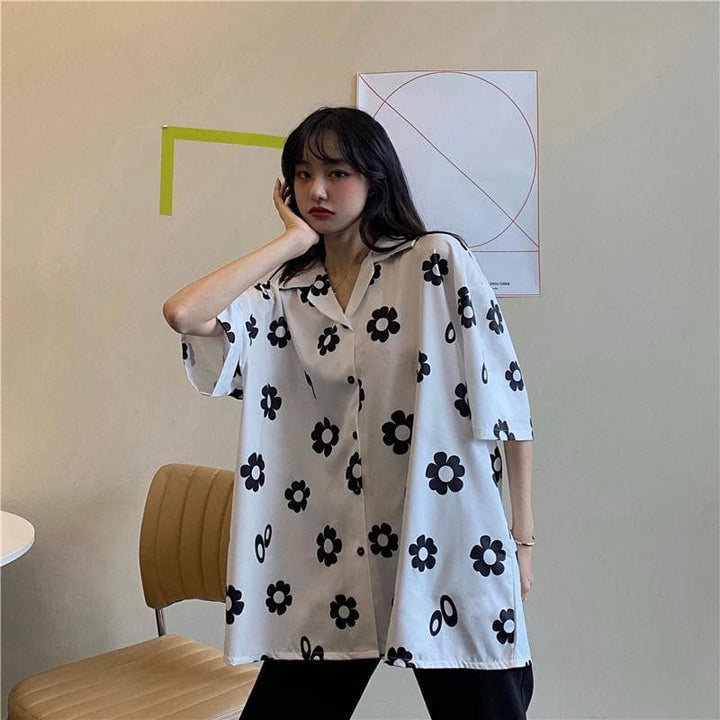 Button-Down Shirt With Flower Print - Asian Fashion Lianox
