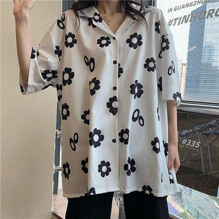 Button-Down Shirt With Flower Print - Asian Fashion Lianox