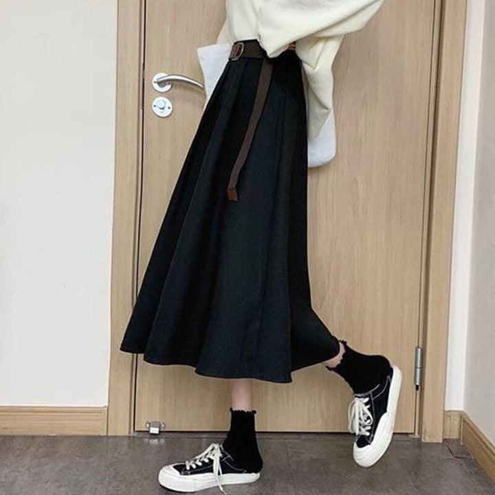 Pleated Mid-Calf Skirt - Asian Fashion Lianox
