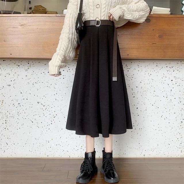 Pleated Mid-Calf Skirt - Asian Fashion Lianox