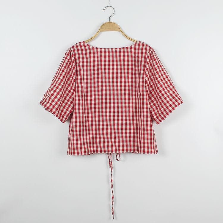 Checkered Blouse With V-Neck And Adjustable Length - Asian Fashion Lianox