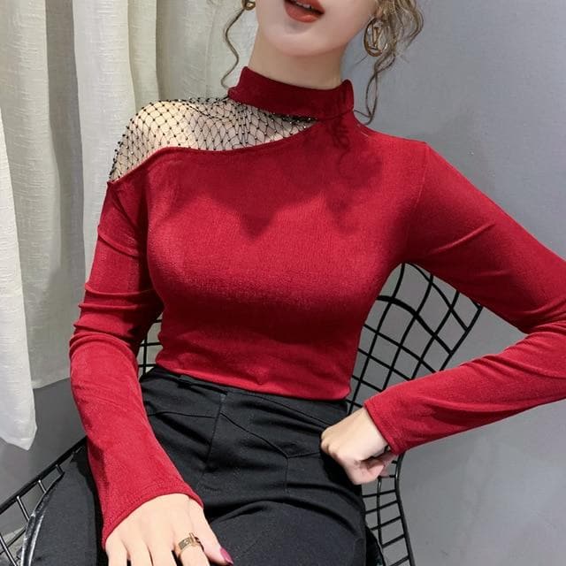 High-Neck Longsleeve Shirt With Mesh Shoulder Cut-Out - Asian Fashion Lianox