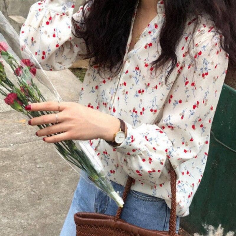 Button-Down Blouse With Floral Print - Asian Fashion Lianox