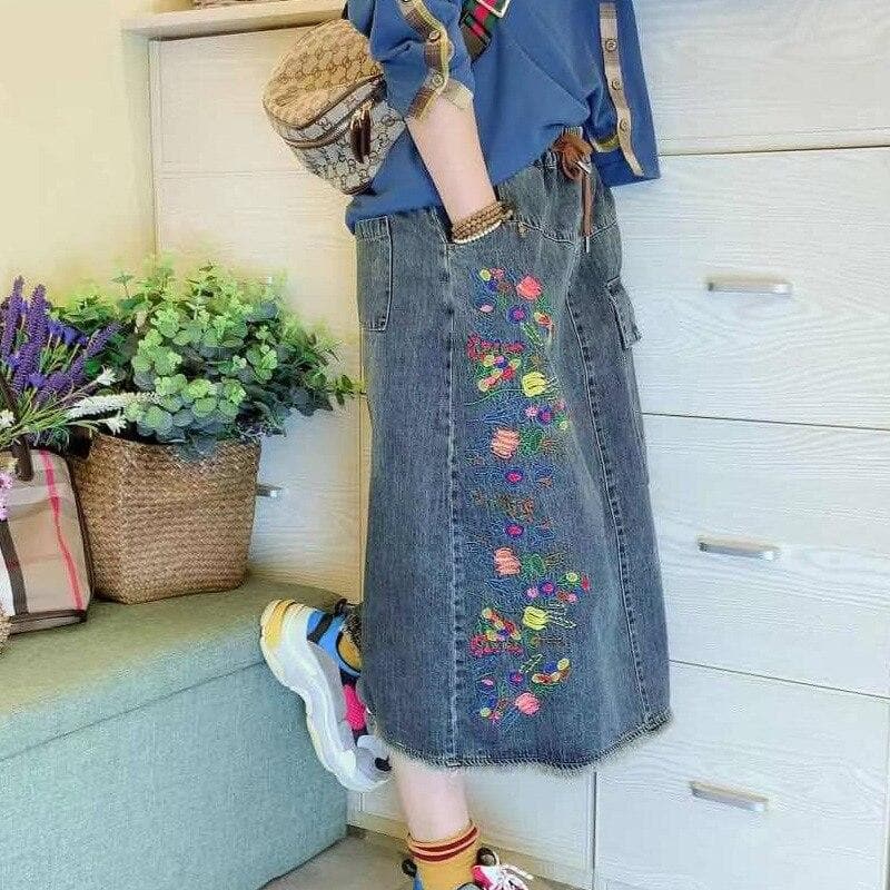 Midi Denim Skirt With Belt And Flower Embroidery - Asian Fashion Lianox
