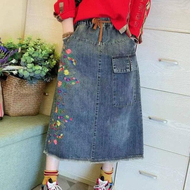 Midi Denim Skirt With Belt And Flower Embroidery - Asian Fashion Lianox